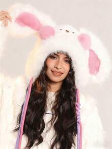 1pc Warm Autumn And Winter Wool Hat Powder Blusher Rabbit Ear Bucket Hat Cartoon Plush Thickened Winter Women Cute Funny Hat - Multicolor - View 8