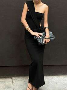 New Design Asymmetric Shoulder Patchwork Sexy Hollow Out Fitted Bodycon Mini Dress - Black - View 4