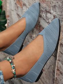 Women's Mesh Black, White, Pink Flat Shoes, Mary Jane Ballet Shoes, Lightweight & Comfortable, Versatile, Hollow-Out, Pointed Toe Slip-On Knit Casual Shoes, Plus Size - T30 Light Blue - View 2