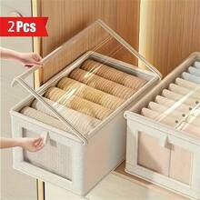 1/2pcs Uncovered/Covered Fabric Foldable Transparent Window Clothing Storage Box, Drawer Style Jeans Organizer Box For Home - Beige With Lid - View 2