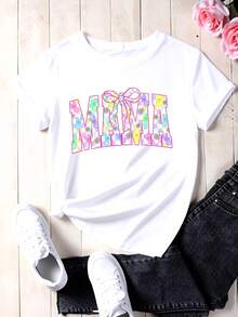 Spring Easter Mama T Shirt With Colorful Bunny Pattern And Bow Design For Women Casual White Top Fashion Graphic Tee - trắng - Xem 2