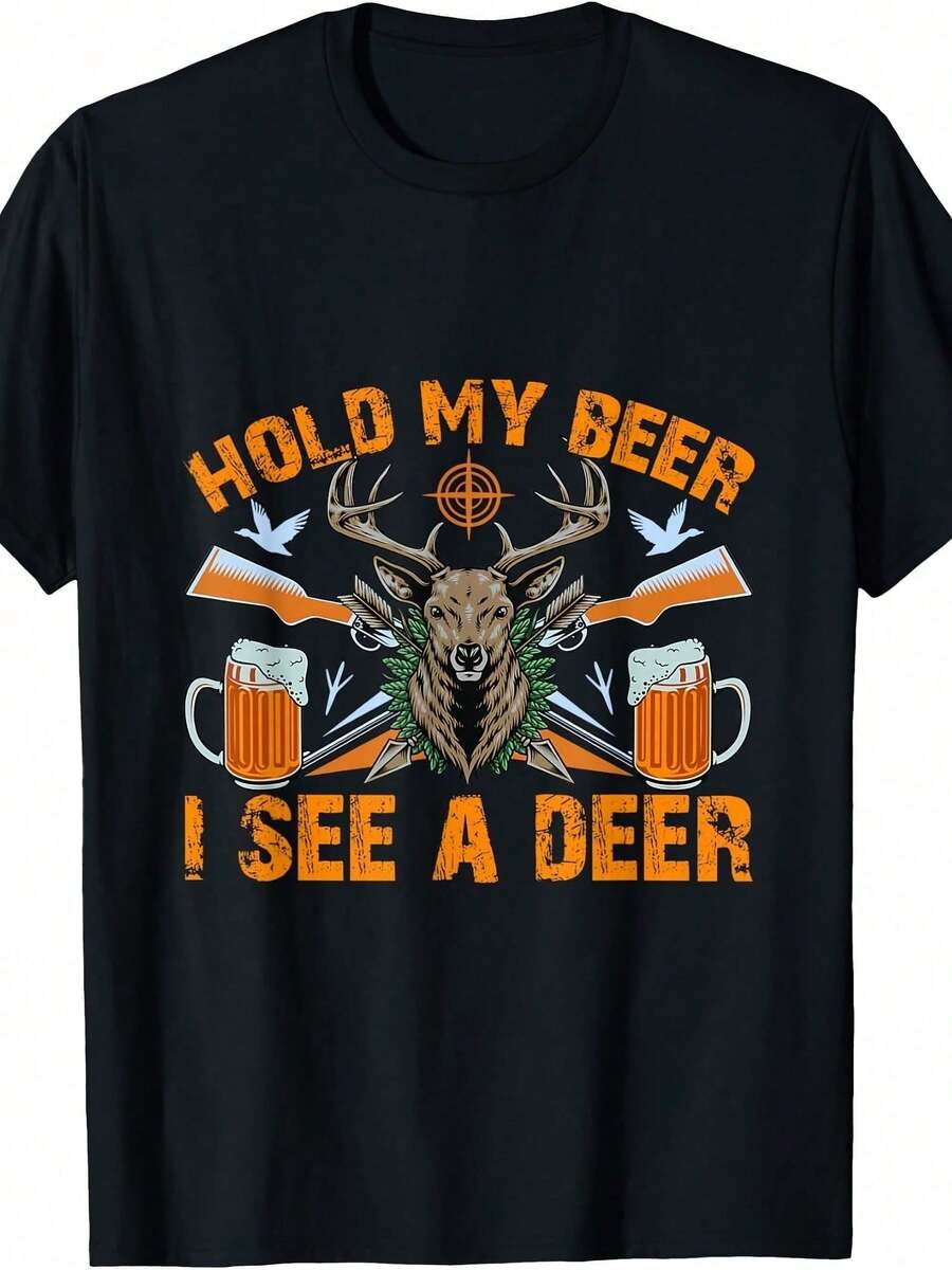 Hold-My Beer I See A Deer Funny Hunting And Beer T-Shirt - 黑色 - 查看 1