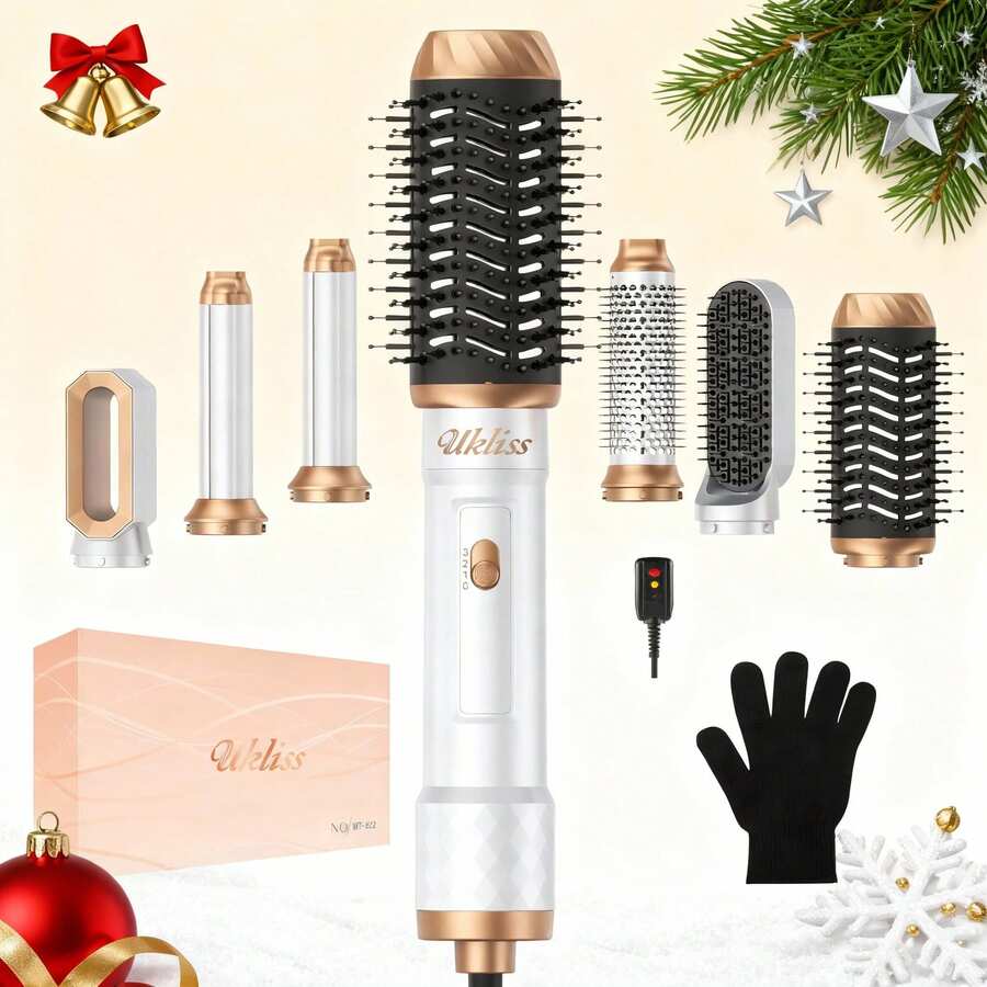6-In-1 Multifunctional Hot Air Brush Set - 3 Temperature Settings (50℃/78℃/105℃), With Blow-Drying, Straightening And Curling Functions, High Power To Save Time, Portable Travel, Perfect Christmas Styling Gift, Suitable For Couples, Friendly To Beginners, Suitable For All Hair Types - 查看 1