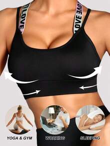 Runway Rest Colorful Lettered Fitness Sports Bra With Adjustable Criss-Cross Straps, Wireless, Suitable For Yoga, Outdoor Activities - Black - View 7