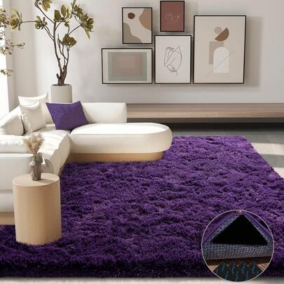 Area Rugs For Living Room, Large Fluffy Rug For Bedroom, Ultra Soft Shag Shaggy Fuzzy Carpets For Room Home Decor, Rectangle Size Option + 4pcs Self-Adhesive, Room Home Decor Aesthetic, Purple
