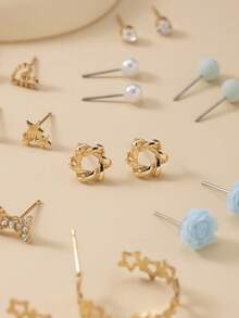60pcs Fashion Metal Butterfly, Heart, Rhinestone, Moon, Bow Knot, Flower Stud Earrings Set, Jewelry Gift, Suitable For Women Daily Wear - Multicolor - View 4
