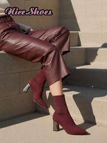 Bottes à talon épais à bout pointu pour femmes 2025, bottes slim élastiques, convenant au printemps, à l'automne, à l'hiver et à toutes les saisons, bottes à talons hauts, type, bottes chaudes noires, bottes à talon épais mi-mollet à talons hauts, chaussures à talons hauts confortables et à bout pointu, bottes élégantes casual, bottes noires, bottes rouges, bottes marron, bottes café, bottes kaki, bottes marron - Rouge foncé - Voir 7