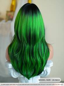 7JHH WIGS 这款24英寸绿色黑色渐变长款层次假发，带刘海，专为女性设计，深色发根，采用柔软耐热纤维全机织合成直发，适合派对、角色扮演、万圣节、音乐节等各种场合佩戴。 - 薄荷綠 - 查看 4