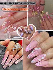 6 piezas/Caja Accesorios de arte de uñas con flores de 5 pétalos de resina ABS en rosa, blanco y morado. Decoraciones de uñas con cuentas doradas, adecuadas para joyería de uñas DIY. Suministros de arte de uñas.