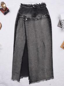 Y2K复古水洗毛边不对称下摆修身牛仔裙，纽扣可转换成牛仔迷你裙，性感音乐节 - 黑灰色 - 查看 7