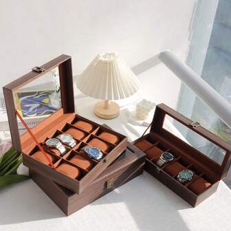 1pc Wooden Grain Leather Watch Storage Box With Glass Window, Watch & Bracelet Display Case