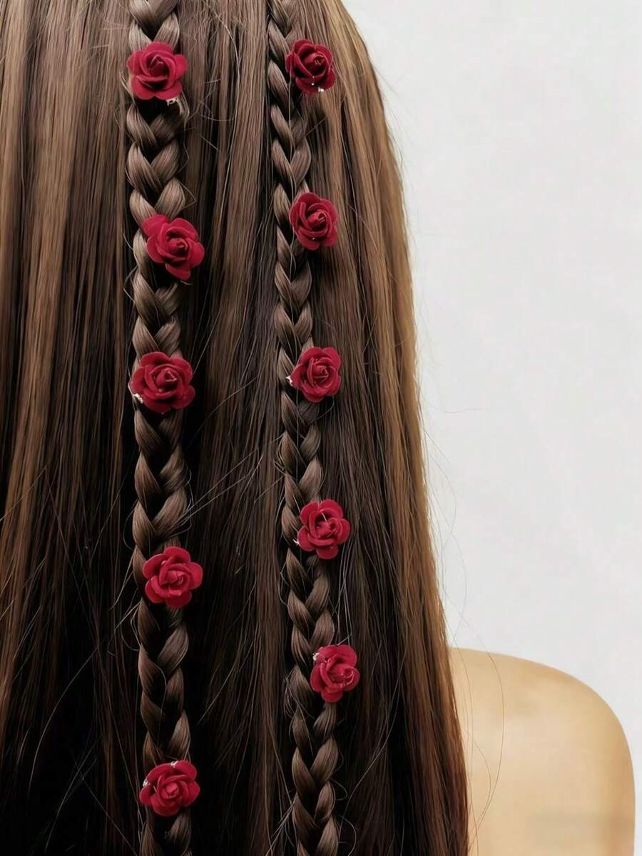 10pcs Rose Flower Hair Clips, Women Hair Accessories, Claw Clips, Hair Slide, Hair Barrettes - Burgundy - View 1