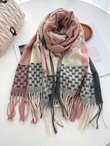 1pc Women's Elegant Vintage Multi-Color Plaid & Striped Faux Cashmere Scarf/Shawl With Tassels, Unisex Thick Warm Casual Neck Wrap For Winter - Pink WT237-2 - View 4