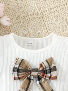 2pcs/Set Summer Baby Girls Casual Cute Knit T-Shirt With Plaid Bow Matched Plaid Skirt Outfit - Multicolor - View 3