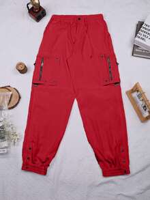Street Style Flap Pocket Side Drawstring Waist Zipper Detail Button Hem Cargo Jogger Pants - Red - View 7