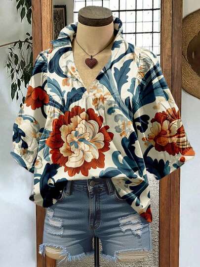 Women's Bohemian Casual Vacation V-Neck Random Print Shirt, Spring/Summer