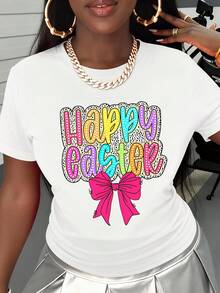 Happy Easter Colorful Text And Pink Bow Graphic T Shirt Women Fashion Casual Top Spring Holiday Celebration Apparel - trắng - Xem 2