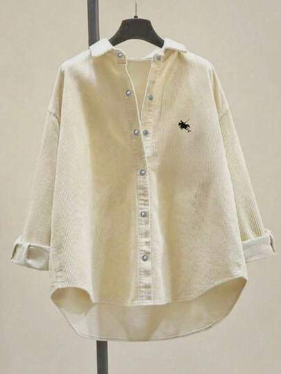 Women's Corduroy Button-Up Shirt, Loose Casual Long Sleeve Fashion Cardigan Jacket, 2025 Autumn Oversized Top, Women's Front Embroidered Blouse Spring