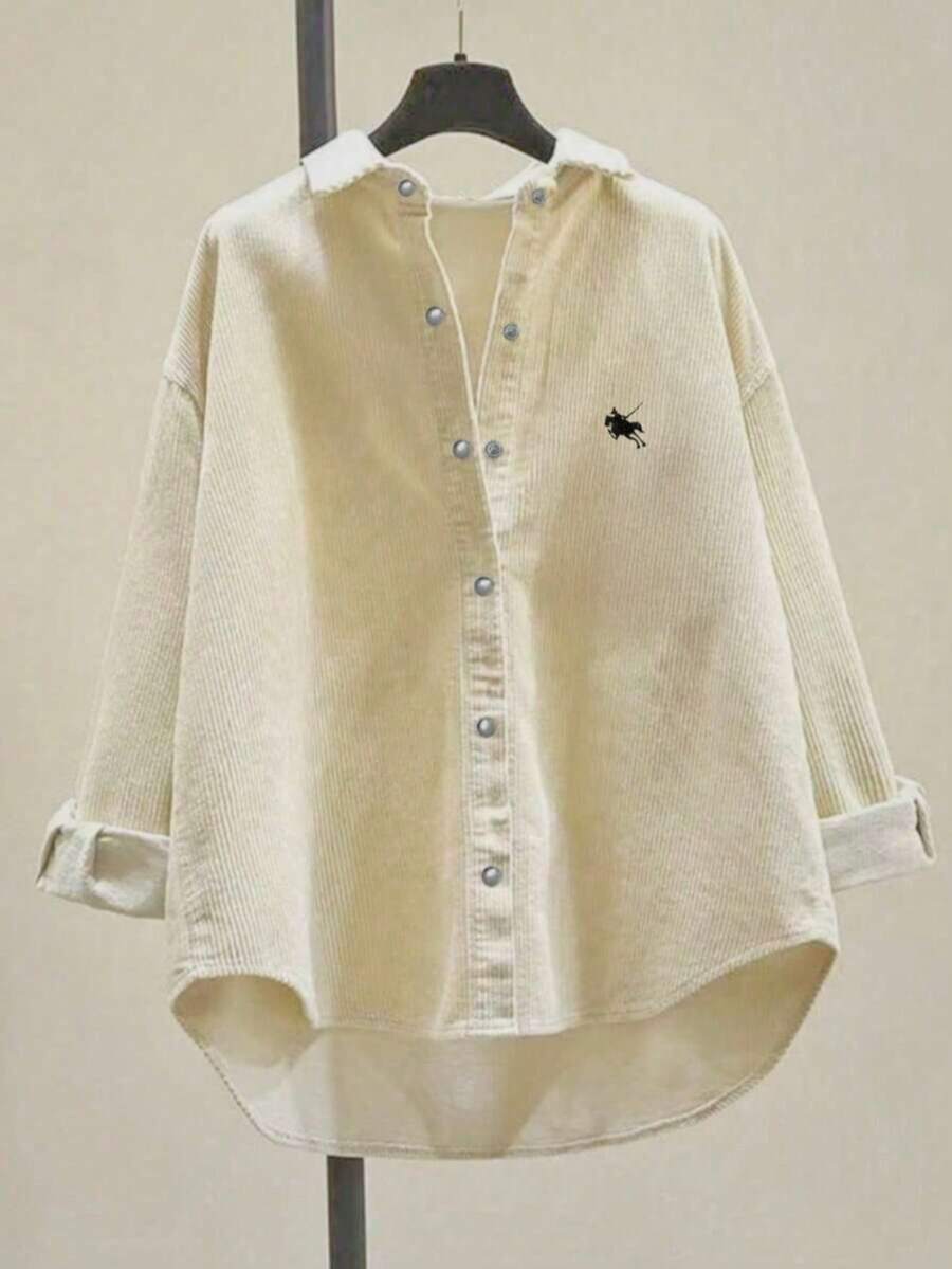 女士灯芯绒纽扣衬衫，宽松休闲长袖时尚开衫外套，2025秋季超大款上衣，女士前幅刺绣衬衫春季款 - 杏色 - 查看 1