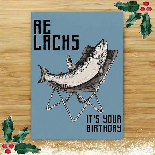 1pc Witty Fish Birthday Greeting Card With Envelope (11cm16cm&4.33in6.29in) - "RELACHS Birthday Wishes" Design, Humorous Salmon Art, Perfect For Adult Friends & Fishing Enthusiasts, Ideal For Birthday Occasions, Greeting Card|Salmon Humor Card|Paper Greeting Card