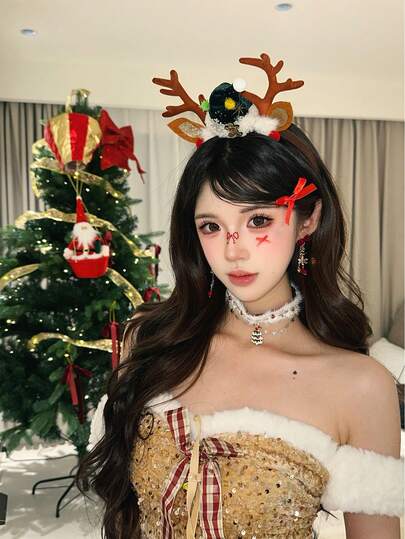 1 pieza Diadema de aro para el cabello con cuernos de ciervo de estilo bosque en color caqui para mujer, accesorio para el cabello