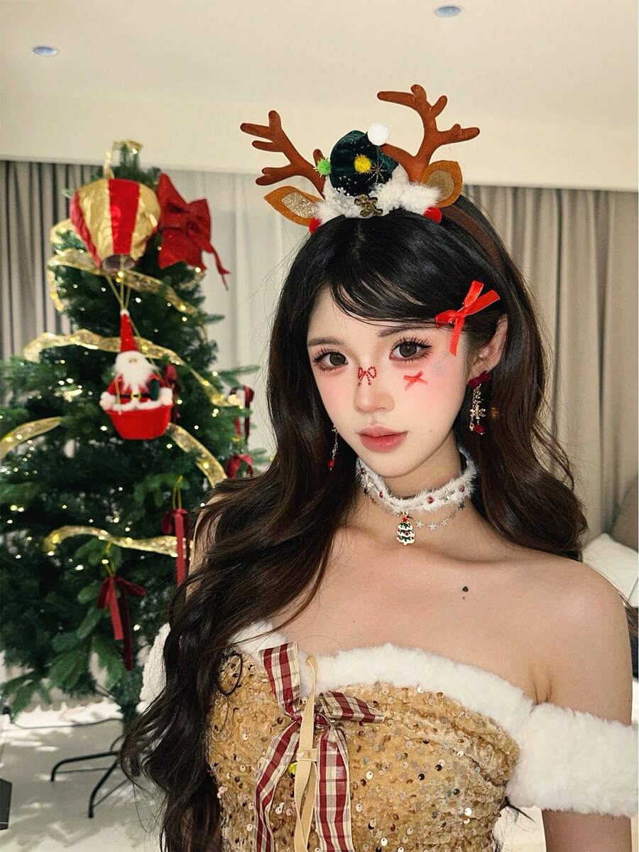 1pc Khaki Christmas Hat Woodland Deer Antler Hair Hoop For Women Headband Hair Band ,Hairband For Women Hair Accessories - Multicolor - View 1