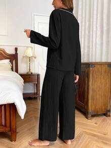 Nina Bonheur 2pcs Women Loose Front Button Long Sleeve Shirt + Elastic Waist Straight Leg Pants Pajama Sleepwear Set - Black - View 4