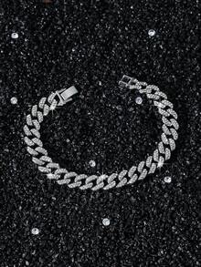 1 Set 10mm Wide Men's Full Rhinestone Hip Hop Cuban Link Chain Necklace And Bracelet Set - A - View 6