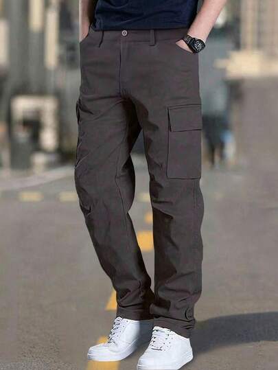男士多口袋纯色工装裤，休闲时尚，适合日常通勤，百搭实用，冬季适用，棕色，宽松版型，适合户外、运动、跑步，直筒裤型