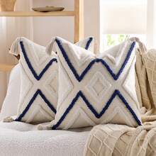 1个/2个装 簇绒几何条纹格纹钩编流苏抱枕套 家居装饰靠垫 沙发靠垫 45X45厘米 - 藍色 - 查看 6