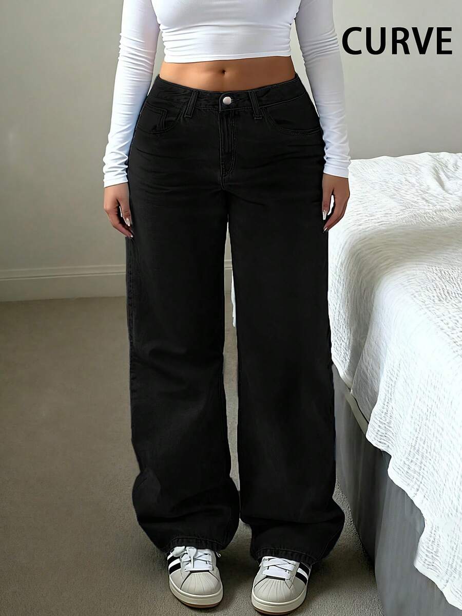 Quần jeans nữ dáng suông, cạp trung, rộng rãi, thoải mái, co giãn, cỡ lớn, kiểu dáng thường ngày, phong cách đường phố Châu Âu và Mỹ, màu đen, thích hợp cho mùa xuân. - màu đen - Xem 1