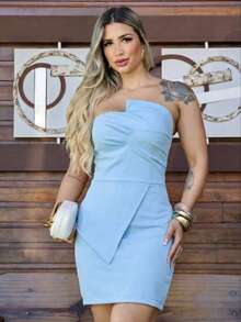 Women's Tailored Dress With Asymmetrical Design - Sophisticated Look - Baby Blue - View 5
