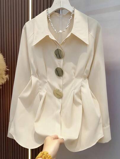 قميص بأكمام طويلة بأسلوب ريغلان مع زخرفة إبزيم معدني بتصميم ضيق، مناسب للخروج والمناسبات مثل المهرجانات والأعياد والأعراس وعيد الحب والطراز البوهيمي والملابس الرسمية الكاجوال للنساء