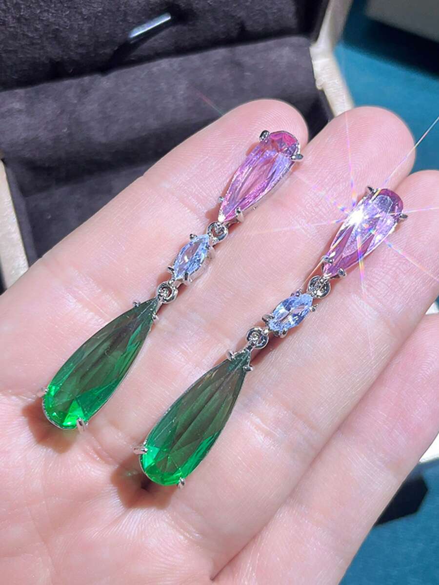 一对优雅简约的绿色合成锆石水滴形波西米亚风耳环，适合女性时尚订婚场合，紫色长款吊坠耳环 - 銀色 - 查看 1