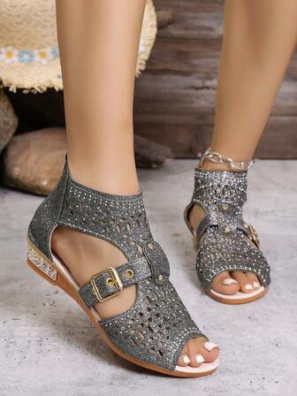 Women's Rhinestone Decor Buckle Design Hollow Detail Back Zipper Small Wedge Heel Roman Sandals, Vacation Style, Summer Silver Glitter Flat Sandals