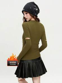 女士双面植绒镂空设计打底衫，多功能加厚长袖衬衫，2025冬季款 - 230薑黃色 - 查看 4