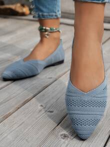 Women's Mesh Black, White, Pink Flat Shoes, Mary Jane Ballet Shoes, Lightweight & Comfortable, Versatile, Hollow-Out, Pointed Toe Slip-On Knit Casual Shoes, Plus Size - T30 Light Blue - View 3