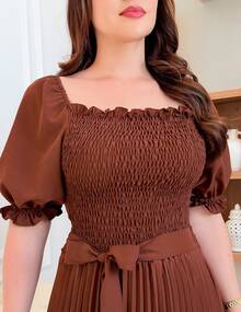 Pleated Midi Dress With Elastic Waistband - marrom - 查看 2
