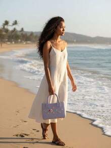 Women's EVA Perforated Bag 28*12*21 – For Beach, Market, Pool And 8 Decorative Buttons - 淡紫色 - 查看 2