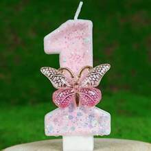 1支仪式数字生日蜡烛，蝴蝶生日蛋糕蜡烛，粉色闪光蛋糕装饰，适合女孩和女性周年纪念庆祝活动 - 淺粉色 - 查看 4