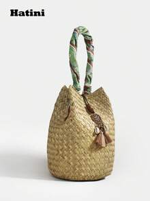 1pc Bohemian Style, Fashionable Tassel Woven Bag, Casual Vacation Beach Tote, Outdoor Picnic Party Handbag, Suitable For Women Office, Commute, Date, Shopping, Leisure, Vacation, Beach, Music Festival, Party, Wedding, School (Natural Straw Color May Have Slight Variations) , Beach Bag , Summer , Green, Boho - 綠色 - 查看 7