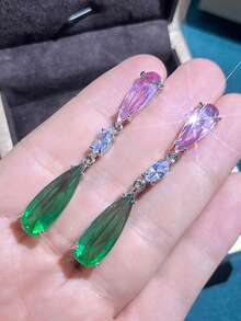 一对优雅简约的绿色合成锆石水滴形波西米亚风耳环，适合女性时尚订婚场合，紫色长款吊坠耳环 - 銀色 - 查看 7