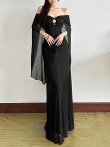 Rochie de seară sexy pentru femei, cu umeri goi, lungă, din plasă, cu model patchwork, talie înaltă, cu umeri goi, pentru petreceri și ocazii speciale, carnavaluri, vacanță, stradă - Negru - Vizualizare 3