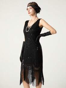 1920 Retro Sequined Dress Dress Beaded Fringed Dress Popular High-End Banquet Short Dress Wedding Black Spring Party - Black - View 3