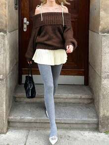 New Women's Fashion Wedding Solid Colour Casual Long Sleeve Folded Sexy Strapless One Neck Design Pullover Sweater - Brown - View 4