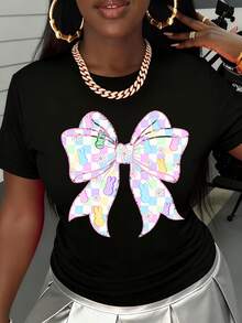 Easter Bunny Bow Graphic T Shirt Pastel Checkered Pattern Cute Spring Design Women's Fashion Top - 黑色 - 查看 2
