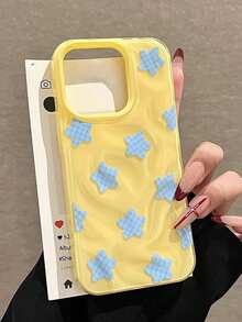 Y2K Cute Blue Grid Pattern Star Wrinkle Pattern Phone Case Compatible With IPhone 17 Pro Max 17 Pro 17 Air 16 Pro Max 14 15 Pro 16 Plus 13 12 11 Soft Cover Shell - Yellow - View 2