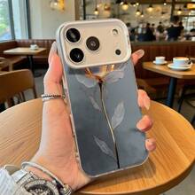Funda de Teléfono Diseño Floral Gris Con Tallo y Hojas Doradas Para iPhone 14 15 Pro Max  Galaxy S23 S24 Plus Opción de Regalo Ideal Para Todas las Estaciones - Plateado - Ver 2