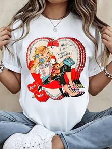 Retro Valentine Heart Print Women T Shirt Vintage Pin Up Girl With Cat And Phone Graphic Crewneck Top Casual Summer Wear - 白色 - 查看 1