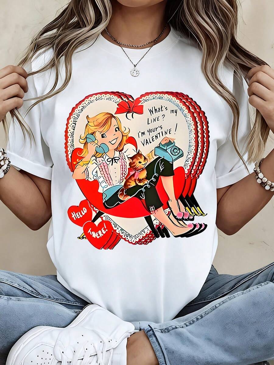 Retro Valentine Heart Print Women T Shirt Vintage Pin Up Girl With Cat And Phone Graphic Crewneck Top Casual Summer Wear - 白色 - 查看 1